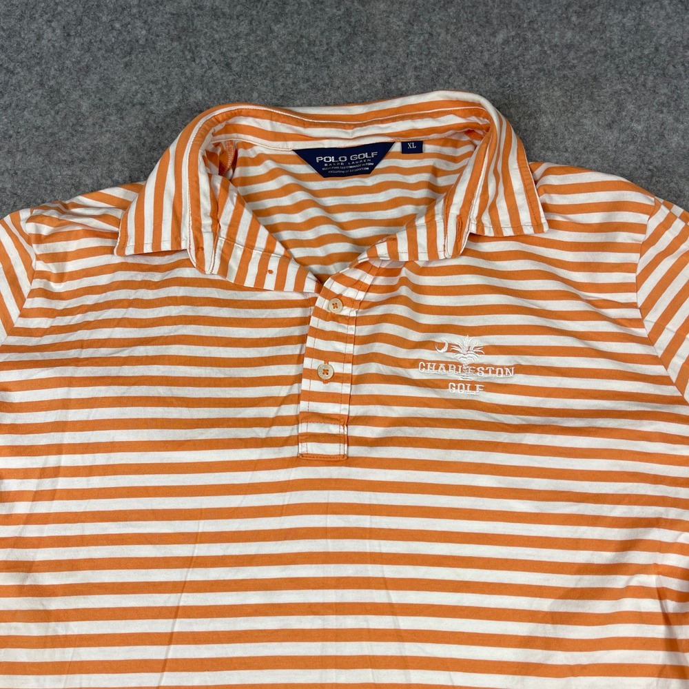 Polo‎ Golf Ralph Lauren Mens XL Orange White Striped Pima Cotton Charleston Polo